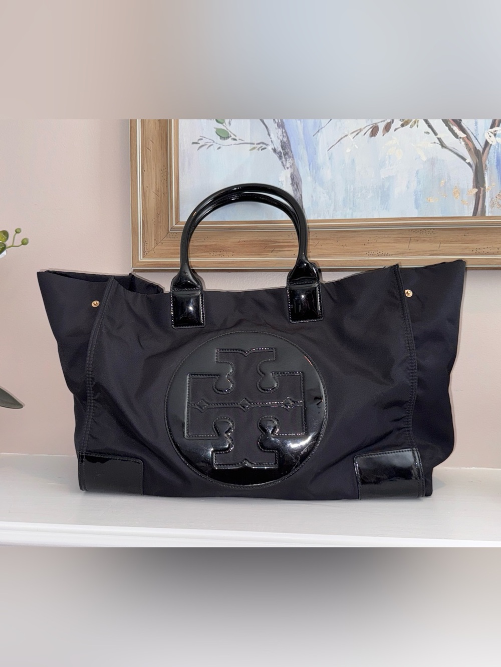Tory Burch X2108 Black Patent Leather Nylon X-Large Tote Size 23/17x13x5 in - Picture 9 of 13